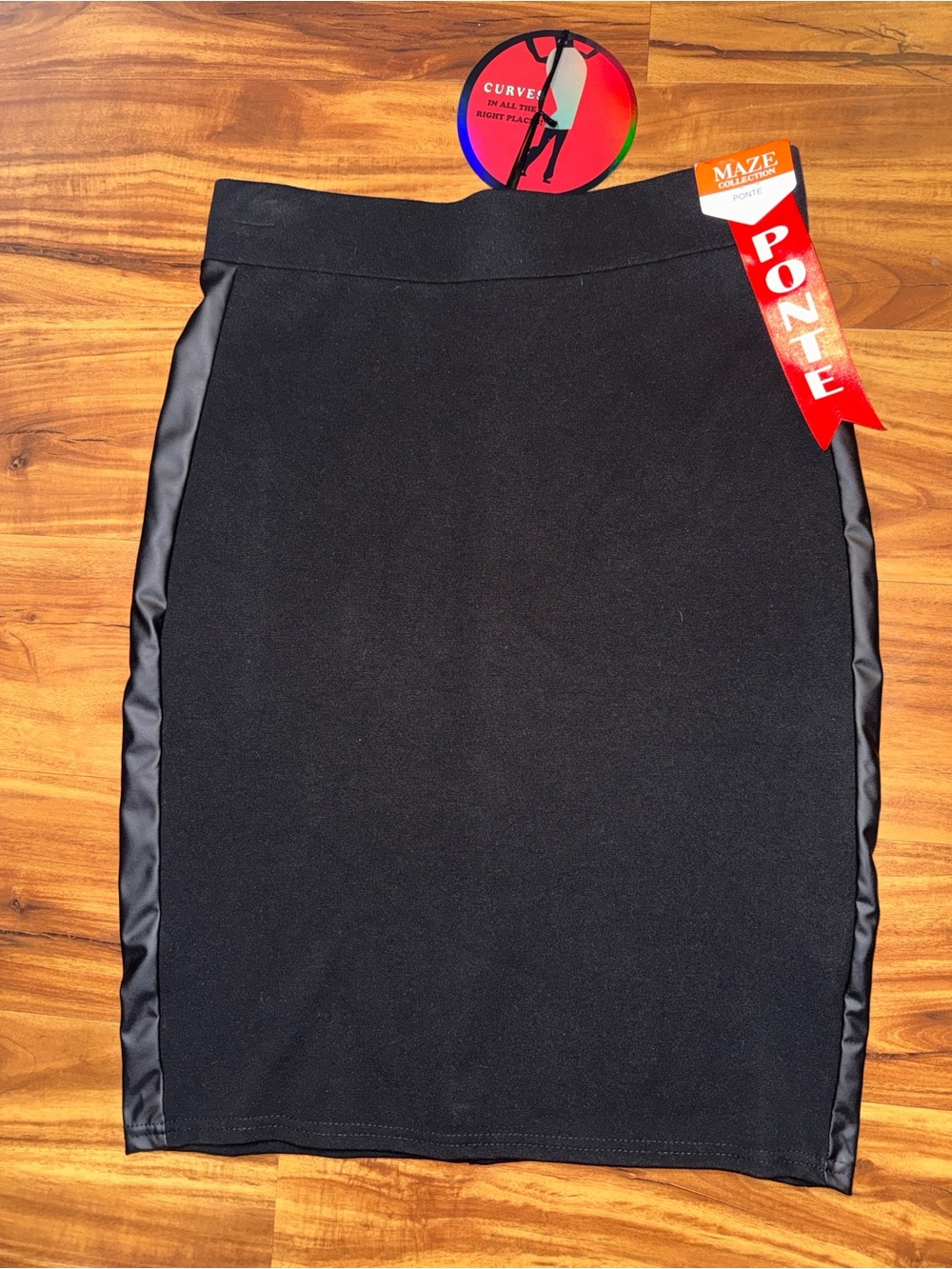 Maze Collection Black Pencil Skirt with Faux leather Side Panels
